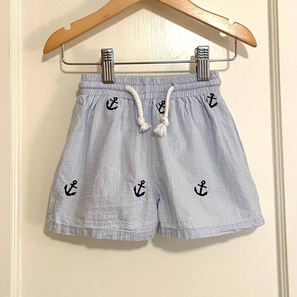K&L • toddler boys anchor embroidered swim trunks preppy blue seersucker 18m
